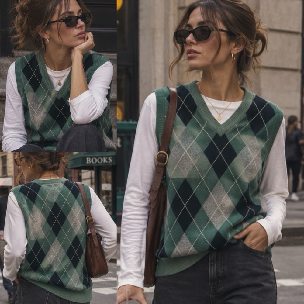 Vintage Y2K J. Crew Cotton Cashmere Blend Argyle Preppy Sweater Vest - S